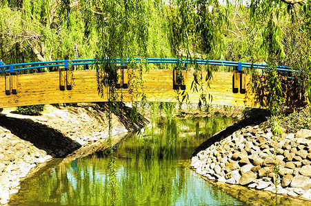 在城市公园的一条运河上架桥背景图片