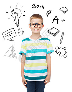 戴着眼镜笑着的小男孩青少年气泡小学生童年青春期科目学习灯泡瞳孔图书背景图片