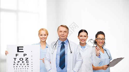 眼部精华海报眼部微笑的医生和护士专家药品女性保健眼镜文档医疗保险木板图表专业人员背景