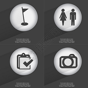 男女结合图高尔夫洞 男女的西尔休维特 任务完成 相机图标符号 一组带有平板设计的按钮 矢量背景
