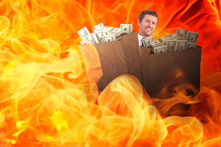 火焰合成素材商务人士携带一袋美元综合图象的合成图象火焰绘图数字现金男性纸袋商务金融利润计算机背景