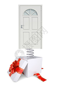 配有红带和春天白门的礼品盒背景图片
