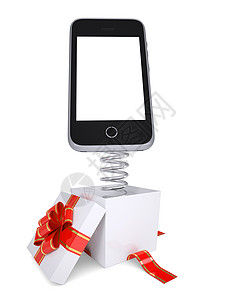 弹簧盒配有红带和智能手机的礼品盒背景