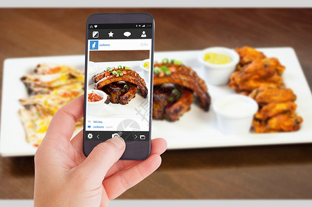 鸡翅图标女性手握智能手机的复合图象电脑食物美食家推介会烹饪美食餐厅技术计算照片背景