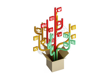 这棵树由社交媒体主题的图标组成 O通讯技术电子商务方案互联网包装商业纸板电话盒子背景图片