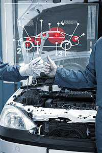 UI找车界面汽车界面复合图像图技术扳手图表蓝色计算机双手工作服绘图手势同事背景