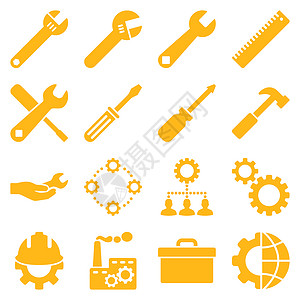 选项和服务工具图标集图示集安装齿轮工具箱植物力量字形头盔工作锤子螺丝刀背景