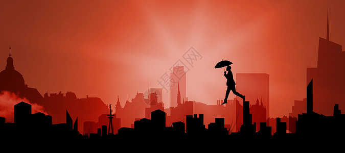 商务人士用伞子踏足的复合形象摩天大楼概念性景观男人黑色红色男性人士商业城市背景图片