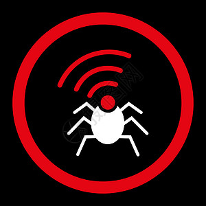 虫子图标无线电间谍虫子平面红色和白颜色 四舍五入的 glyph 图标犯罪秘密工具蓝牙技术代理人黑色安全播送天线背景