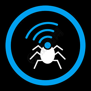 虫子图标无线电间谍虫子平面蓝色和白颜色 四舍五入 glyph 图标技术安全白色匿名收音机犯罪秘密黑色电脑播送背景
