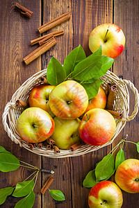 苹果水果营养篮子肉桂叶子收成素食主义者食物桌子乡村高清图片