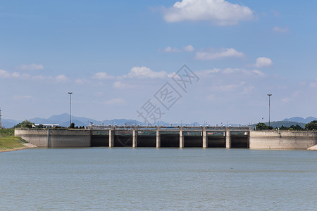 西达大坝天空涡轮技术发电机溢洪道建造水电地标工程植物背景