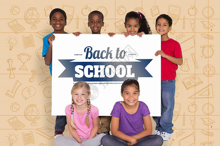 少儿早教班海报显示卡片的小学生综合图象教育绘图蓝色微笑学校学习计算机涂鸦男生女性背景