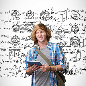 手绘数学背景图书馆使用平板电脑的学生综合图象方程图表公式校园绘画书架触摸屏药片涂鸦知识背景