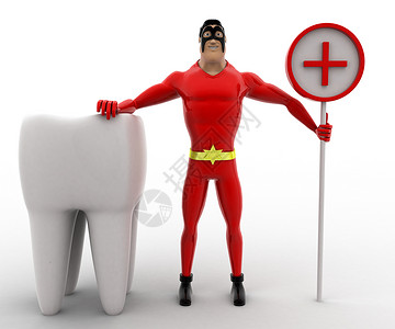 超人标志3D超级英雄 有大牙齿和医学标志概念医疗超级英雄卡通片背景