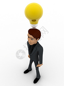 3D男子思维和黄灯泡概念外套管理人员棕色男人领带黄色背景图片
