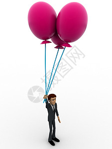 3D男子持有大粉红气球概念棕色白色领带管理人员插图粉色卡通片外套背景图片