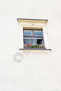 带花朵的窗口窗帘窗台玻璃窗户房子背景图片