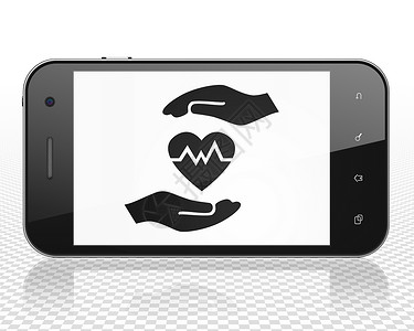心电图图标保险概念 显示心脏和棕榈的智能手机展示事故触摸屏金融脉冲心电图安全合同电话屏幕背景