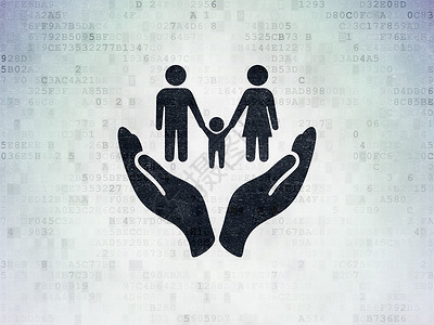小孩家庭孩子图标数字纸背景上的保险概念 Family 和 Palm母亲商业风险事故父母绘画电脑数据合同父亲背景