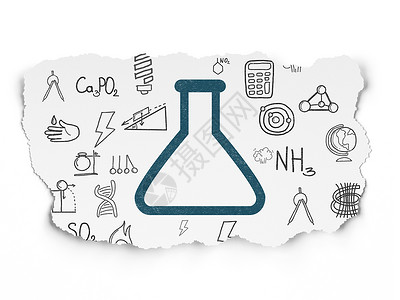 烧杯图标撕纸背景上的科学概念烧瓶瓶子测量药店技术生物学物理化学玻璃教育实验背景