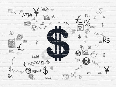 金钱图标在背景墙上的金钱概念美元方案建筑信用现金投资电子商务战略技术银行宝藏背景