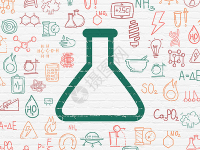 烧瓶图标背景墙上的科学概念烧瓶知识生物学玻璃实验室绘画烧杯技术物理药店测量背景