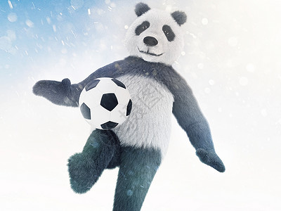 散景效果摄影角色在蓝色背景上覆盖着毛皮 具有散景效果并追逐球 熊猫足球运动员在雪地背景下进行训练背景