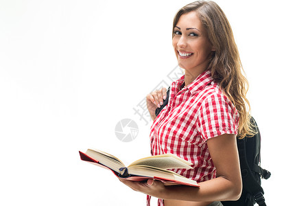 重返学校青少年教科书女子微笑大学背包幸福教育学生水平背景图片