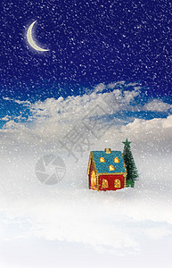 在蓝色的天空下 在屋内庆祝圣诞节的灯光新年窗户云杉花环壁炉城堡暴风雪假期房子蜡烛背景图片
