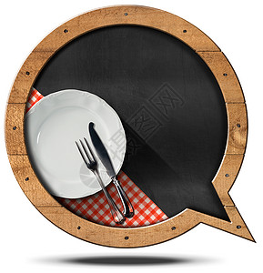 带板和餐具的黑板酒吧木头横幅乡村食谱盘子食物美食餐厅刀具背景图片