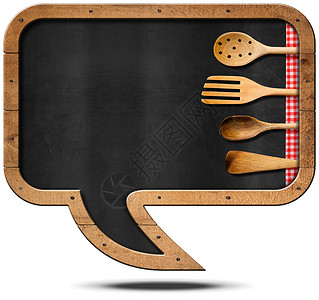带厨房 Utensils 的空黑板木头横幅餐具木板话框钢包勺子桌布午餐笔记背景图片