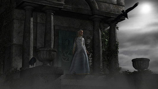 月光插画月光下古老的幽灵陵墓中的女精灵背景
