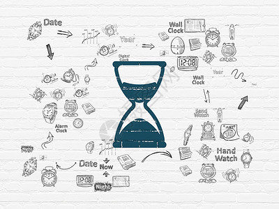 创意时间图标背景墙上的时间概念沙漏黑色灰色日程手表倒数滴漏白色展示方案蓝色背景