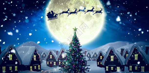 圣诞月亮素材送圣诞老人给村庄的礼物假期计算机蓝色喜庆雪橇满月飞行月亮绘图房子背景