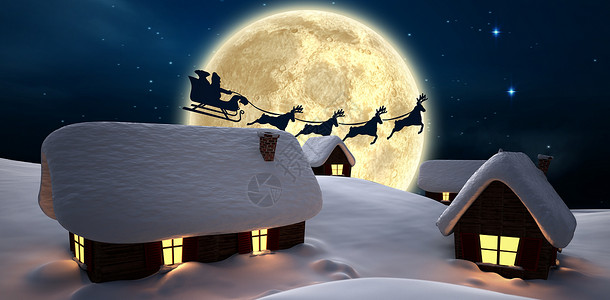 圣诞老人爬烟囱送圣诞老人给村庄的礼物月亮房子跑步阴影跳跃绘图创作计算机雪橇驯鹿背景