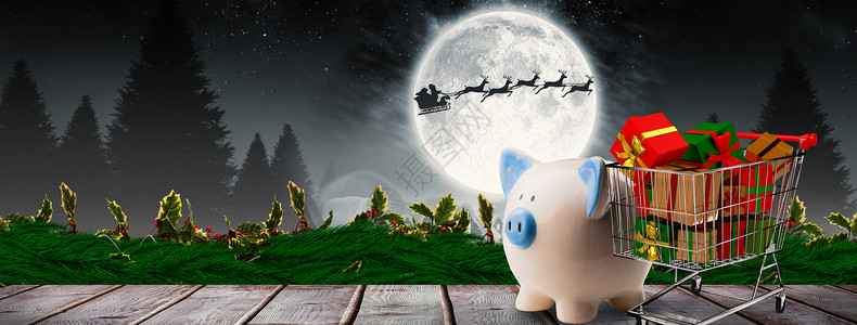 雪橇板猪头银行综合图象蓝色喜庆木板假期金融飞行驯鹿跑步存钱罐木头背景