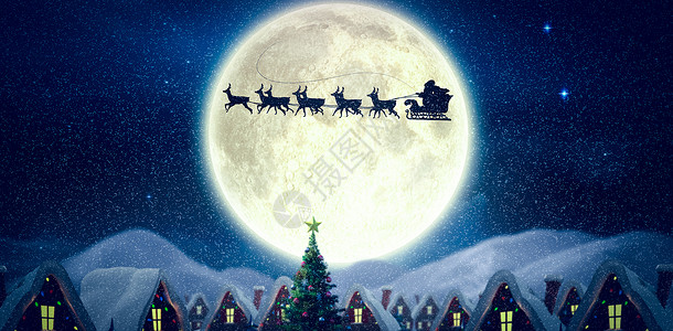 飞行月亮送圣诞老人给村庄的礼物雪橇星星月亮天空绘图驯鹿假期庆典房子飞行背景