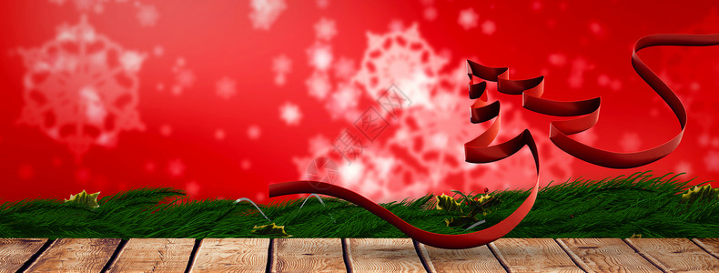 以圣诞树形状的丝带复合图象时候假期枞树桌子庆典计算机绘图红色雪花背景图片
