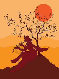 大剑嘉拉迪雅Krishna 在树下玩长笛设计图片
