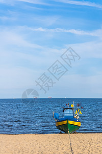 潘波罗沃渔船旗帜玻璃抛光钓鱼天空地平线海岸支撑海滩海洋背景