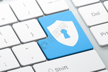 白色盾牌隐私概念 计算机键盘背景上有钥匙孔的盾牌裂缝白色保卫警报犯罪蓝色财产按钮政策安全背景