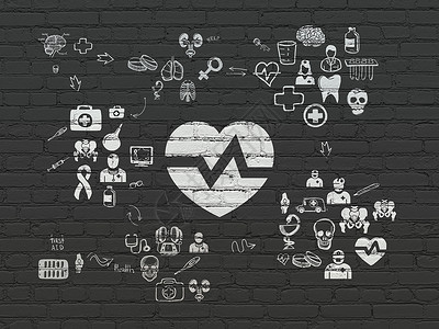 心脏研究在背景墙上的医疗保健概念心医生心脏病学建筑关心箭头脉冲卫生药店制药科学背景