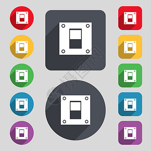 电源开关图标符号 由 12 个彩色按钮和长阴影组成背景