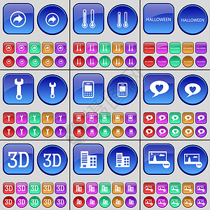 背部图背部 温度 万圣节 扳手 手机 聊天气泡 3D 建筑 图片 一大套多色按钮背景