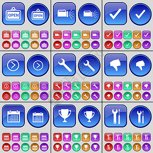 断线图标打开 手电筒 滴答 向右箭头 断线 偏差 日历 杯 一大批多色按钮背景