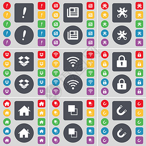 感叹号 报纸 扳手 Dropbox Wi-Fi 锁 房子 副本 磁铁图标符号 一大套平面彩色按钮 适合您的设计背景图片