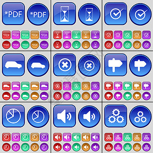 几何图形套图PDF 沙漏 滴答声 汽车 停止 路标 图表 声音 齿轮 一大套多色按钮背景