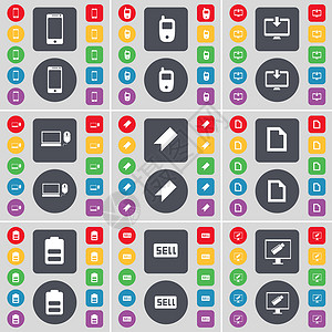 智能手机 手机 显示器 笔记本电脑 标记 文件 电池 销售图标符号 一大套平面彩色按钮 适合您的设计背景图片