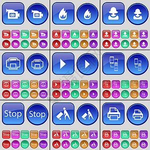 胶卷图标胶卷相机 火 阿凡达 打印机 媒体播放 连接 停止 交付 打印机 一大套多色按钮背景